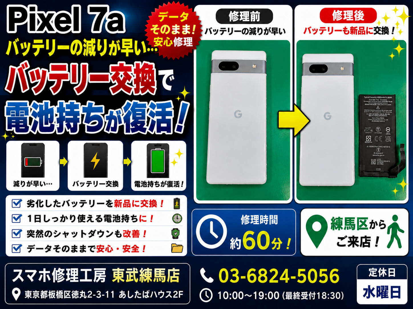 🔋Pixel 7aのバッテリー交換修理を行いました！🔋✨バッテリーの減りが早い症状も最短60分で改善😊